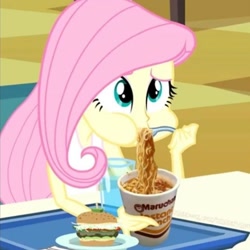 Size: 632x632 | Tagged: safe, edit, edited screencap, imported from derpibooru, screencap, fluttershy, equestria girls, equestria girls (movie), cropped, cup noodles, female, food, noodles, puffy cheeks, ramen, ramen face, solo, veggie burger