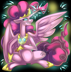 Size: 3033x3057 | Tagged: safe, artist:sapphirus, idw, imported from derpibooru, pinkie pie, alicorn, pony, spoiler:comic, spoiler:comic57, alicornified, chaotic, commission, crown, female, jewelry, mare, pinkiecorn, princess, princess of chaos, race swap, regalia, solo, wings, xk-class end-of-the-world scenario