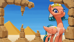 Size: 3840x2160 | Tagged: safe, artist:tadpoledraws, imported from derpibooru, somnambula, pegasus, pony, 4k, ancient egypt, day, egyptian, egyptian headdress, egyptian pony, female, looking at you, mare, pyramid, ruins, solo