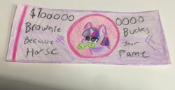 Size: 2048x1058 | Tagged: safe, artist:nootaz, imported from derpibooru, twilight sparkle, pony, don't dead open inside, irl, money, mouth hold, photo, traditional art, twiggie