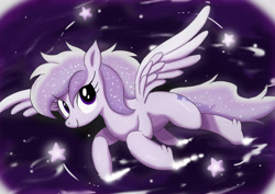 Size: 3508x2480 | Tagged: safe, artist:neoshrek, imported from derpibooru, oc, oc only, oc:starstorm slumber, pegasus, pony, female, flying, hoof fluff, looking at you, mare, night, night sky, sky, smiling, solo, spread wings, stars, wings