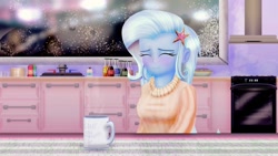 Size: 1024x576 | Tagged: safe, artist:bloodtoon, imported from derpibooru, trixie, equestria girls, blushing, clothes, coffee, female, kitchen, smiling, solo, sweater