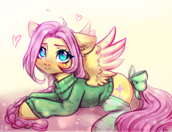 Size: 2600x2000 | Tagged: safe, artist:zefirka, imported from derpibooru, fluttershy, pegasus, pony, alternate hairstyle, bow, braid, clothes, cute, digital art, female, heart, looking at you, mare, prone, shyabetes, smiling, socks, solo, spread wings, stockings, striped socks, sweater, sweatershy, tail bow, thigh highs, wings