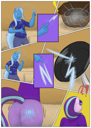 Size: 886x1240 | Tagged: safe, artist:dragontissdragon, imported from derpibooru, starlight glimmer, trixie, anthro, unicorn, ass, blast, butt, comic, commission, duo, exclamation point, expansion, finger gun, food, frying pan, glimmer glutes, glowing horn, growth, horn, interrobang, looking back, magic, magic beam, magic blast, muffin, question mark, reflected, spell, this will end in weight gain, zapped