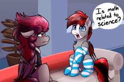 Size: 4000x2670 | Tagged: safe, artist:witchtaunter, imported from derpibooru, oc, bat pony, pegasus, pony, bat pony oc, bat wings, clothes, commission, confused, couch, math, ponified, science, socks, speech bubble, striped socks, unamused, wings