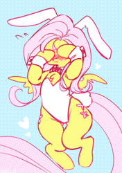 Size: 705x1000 | Tagged: safe, artist:kirinit, imported from derpibooru, fluttershy, pegasus, pony, blushing, both cutie marks, bow, bunny ears, bunny suit, bunny tail, chest fluff, clothes, costume, covering eyes, cute, cutie mark, embarrassed, explicit source, female, floating heart, heart, hooves on face, leotard, necktie, shyabetes, signature, simple background, sketch, solo, thighs, wings, wrist cuffs