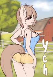 Size: 1624x2344 | Tagged: safe, artist:mintjuice, imported from derpibooru, anthro, advertisement, ass, barn, boobs and butt pose, breasts, butt, clothes, commission, farm, female, fence, looking at you, mare, perky breasts, see-through, shorts, tree, your character here