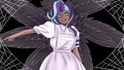 Size: 1236x701 | Tagged: safe, artist:the-75th-hunger-game, imported from derpibooru, starlight glimmer, human, unicorn, apron, armband, clothes, creepy, creepy smile, cult, cult leader, cultist, dark skin, equal sign, equality, equality cult, equalized, female, ghost and pals, glim jones, honey i'm home, humanized, industrial catholic bugcore, jim jones, jonestown, smiling, solo, song reference, spider web, this will end in communism, this will end in jonestown, vocaloid, wings