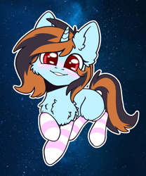 Size: 2000x2400 | Tagged: safe, artist:dark lightning, artist:dorkmark, imported from derpibooru, oc, oc only, pony, unicorn, blushing, cheek fluff, chest fluff, clothes, ear fluff, happy, smiley face, smiling, socks, solo, space, stockings, striped socks, thigh highs, weightlessness