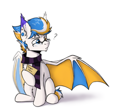 Size: 2000x1800 | Tagged: safe, artist:dark lightning, artist:dorkmark, imported from derpibooru, oc, oc only, oc:alan techard, bat pony, pony, clothes, colored wings, cyrillic, ear piercing, glasses, heterochromia, multicolored wings, one wing out, perplexed, piercing, question mark, russian, scarf, sitting, solo, wings