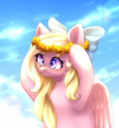 Size: 1280x1375 | Tagged: safe, artist:avrameow, imported from derpibooru, oc, oc only, oc:bay breeze, pegasus, pony, blushing, bow, cottagecore, cute, female, floral head wreath, flower, hair bow, mare, ocbetes, signature, solo