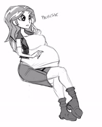 Size: 1280x1600 | Tagged: safe, artist:riddleaellinea, imported from derpibooru, sunset shimmer, equestria girls, belly, big belly, big breasts, breasts, busty sunset shimmer, crossed legs, monochrome, preggo shimmer, pregnant, pregnant equestria girls, simple background, sitting, sunset preggers, tight clothing, white background, wide eyes