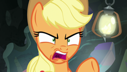 Size: 1920x1080 | Tagged: safe, imported from derpibooru, screencap, applejack, earth pony, pony, dragon dropped, angry, applejack is not amused, female, gem cave, irritated, lantern, looking at someone, mare, open mouth, pointing, ponytail, shrunken pupils, solo, unamused, uvula, yelling
