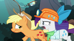 Size: 1920x1080 | Tagged: safe, imported from derpibooru, screencap, applejack, rarity, earth pony, pony, unicorn, dragon dropped, applejack's hat, clothes, cowboy hat, cutie mark, duo, female, freckles, frown, glare, hair bow, hard hat, lantern, looking at each other, mare, mining helmet, open mouth, ponytail, rarity is not amused, running, scared, scolding, shirt, stetson, unamused, yelling