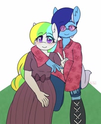 Size: 1089x1334 | Tagged: safe, artist:puetsua, imported from derpibooru, oc, oc only, oc:brushie brusha, oc:laola, anthro, earth pony, pony, anthro oc, blushing, boots, bow, clothes, dress, duo, duo female, female, glasses, hippie, mare, pants, shoes, smiling