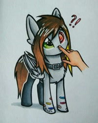 Size: 1352x1693 | Tagged: safe, artist:dark lightning, artist:dorkmark, imported from derpibooru, oc, oc only, pegasus, bandaid, boop, collar, disembodied hand, exclamation point, hand, heterochromia, interrobang, old art, photo, question mark, solo focus, traditional art