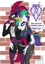 Size: 775x1100 | Tagged: safe, artist:virenth, imported from derpibooru, rarity, tempest shadow, anthro, unicorn, alternate hairstyle, belly button, clothes, ear piercing, female, jacket, leather jacket, lesbian, looking at you, midriff, piercing, punk, raripunk, rarity for you, shipping, standing, tempity, tongue out, watermark