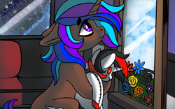 Size: 1920x1200 | Tagged: safe, artist:brainiac, imported from derpibooru, oc, oc only, oc:blackjack, oc:rose sniffer, pony, unicorn, fallout equestria, fallout equestria: project horizons, coronavirus, covid-19, fanfic art, female, plushie, ponysona, social distancing, solo