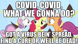 Size: 1280x720 | Tagged: safe, edit, edited screencap, editor:useraccount, imported from derpibooru, screencap, apple bloom, scootaloo, sweetie belle, earth pony, pegasus, pony, unicorn, one bad apple, babs seed song, bow, caption, coronavirus, covid-19, cutie mark crusaders, hair bow, image macro, implied death, song reference, text, trio