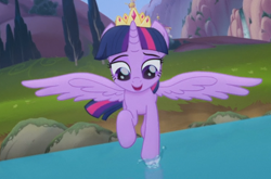 Size: 724x478 | Tagged: safe, imported from derpibooru, screencap, twilight sparkle, alicorn, pony, my little pony: the movie, cropped, crown, female, flying, jewelry, lake, looking down, mare, open mouth, regalia, solo, spread wings, twilight sparkle (alicorn), wings