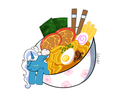 Size: 1280x960 | Tagged: safe, artist:libertad10, imported from derpibooru, oc, oc only, oc:fleurbelle, alicorn, pony, alicorn oc, bow, bowl, chopsticks, egg, eyes closed, female, food, hair bow, horn, mare, noodles, seaweed, simple background, smiling, solo, sushi, transparent background, wings