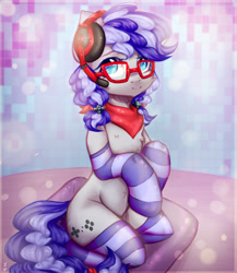 Size: 2000x2300 | Tagged: safe, artist:zefirka, imported from derpibooru, oc, oc only, oc:cinnabyte, earth pony, semi-anthro, adorkable, bandana, cinnabetes, clothes, commission, cute, dork, female, glasses, headset, kneeling, mare, meganekko, smiling, socks, solo, stockings, striped socks, thigh highs, your character here