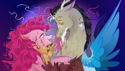 Size: 2019x1152 | Tagged: safe, artist:bunnari, imported from derpibooru, discord, pinkie pie, draconequus, earth pony, pony, bust, discopie, eye contact, female, floppy ears, looking at each other, male, mare, messy mane, profile, shipping, smiling, spread wings, straight, unshorn fetlocks, wings