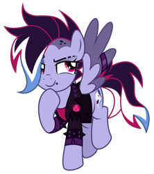 Size: 3470x3900 | Tagged: safe, artist:binakolombina, imported from derpibooru, oc, oc only, oc:brie spacer, pegasus, pony, clothes, female, flying, jacket, leather jacket, lip piercing, mare, multicolored hair, piercing, raised hoof, ring, rocker, shirt, simple background, solo, t-shirt, thinking, transparent background