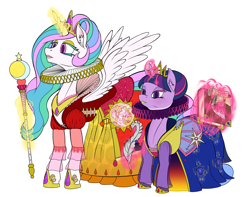 Size: 2200x1737 | Tagged: safe, artist:sepiakeys, imported from derpibooru, princess celestia, twilight sparkle, alicorn, accessories, accessory, alternate hairstyle, book, clothes, collar, crown, dress, ear fluff, elizabethan, eyeshadow, jewelry, lipstick, makeup, quill, regal, regalia, ruff (clothing), scepter, shoes, simple background, twilight sparkle (alicorn)