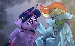 Size: 1920x1200 | Tagged: safe, artist:brainiac, imported from derpibooru, rainbow dash, twilight sparkle, alicorn, pegasus, pony, chest fluff, crying, female, floppy ears, lesbian, married couple, ring, sad, shipping, twidash, twilight sparkle (alicorn), wedding ring