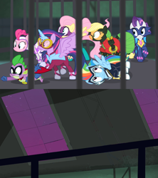 Size: 1280x1440 | Tagged: safe, edit, edited screencap, imported from derpibooru, screencap, applejack, fili-second, fluttershy, humdrum, masked matter-horn, mistress marevelous, pinkie pie, radiance, rainbow dash, rarity, saddle rager, spike, twilight sparkle, zapp, alicorn, dragon, earth pony, pegasus, pony, unicorn, power ponies (episode), cage, insert picture here, mane seven, mane six, meme, power ponies, someone sees the heroes trapped, template, twilight sparkle (alicorn)