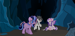 Size: 4147x2022 | Tagged: safe, artist:skulifuck, imported from derpibooru, oc, oc only, oc:aurora gem, oc:fossil fen, oc:star sweets, bat pony, pony, unicorn, annoyed, bat pony oc, bat wings, cave, ethereal mane, female, frown, galaxy mane, horn, mare, raised hoof, sad, sitting, unicorn oc, wings