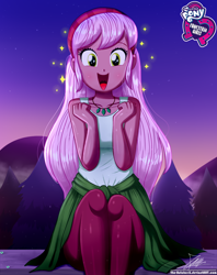 Size: 920x1160 | Tagged: safe, artist:the-butch-x, imported from derpibooru, raspberry lilac, equestria girls, equestria girls series, let it rain, spoiler:eqg series (season 2), background human, bandana, butch's hello, clothes, cute, equestria girls logo, female, happy, hello x, jewelry, necklace, open mouth, outdoors, signature, sitting, sleeveless, smiling, solo, tanktop