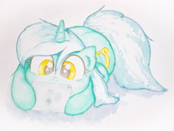 Size: 4032x3024 | Tagged: safe, artist:papersurgery, imported from derpibooru, lyra heartstrings, pony, unicorn, cute, female, looking down, lyrabetes, mare, sitting, solo, traditional art, watercolor painting