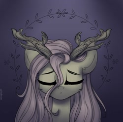 Size: 1501x1489 | Tagged: safe, artist:radioaxi, artist:reterica, imported from derpibooru, part of a set, fluttershy, pony, antlers, branches for antlers, bust, eyes closed, female, front view, full face view, mare, portrait, solo, stray strand