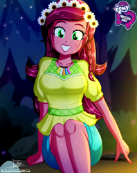 Size: 920x1160 | Tagged: safe, artist:the-butch-x, imported from derpibooru, gloriosa daisy, equestria girls, legend of everfree, beautiful, butch's hello, equestria girls logo, female, floral head wreath, flower, flower in hair, freckles, hello x, legs, looking at you, nail polish, outdoors, signature, sitting, smiling, solo