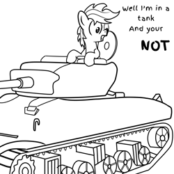 Size: 2500x2500 | Tagged: safe, artist:pizzamovies, imported from derpibooru, oc, oc only, oc:pizzamovies, earth pony, pony, black and white, grammar error, grayscale, m4 sherman, male, monochrome, sherman, sherman (tank), simple background, solo, tank (vehicle), white background