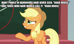 Size: 830x498 | Tagged: safe, edit, edited screencap, imported from derpibooru, screencap, applejack, earth pony, pony, school daze, canada, classroom, female, meme, pronunciation, road house, solo, vancouver