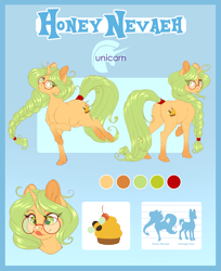 Size: 2481x3047 | Tagged: safe, artist:peridotkitty, artist:silkensaddle, imported from derpibooru, oc, oc:honey nevaeh, pony, unicorn, braid, commission, cutie mark, glasses, hair tie, horn, looking back, reference sheet, tail wrap, tongue out