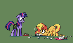 Size: 2920x1729 | Tagged: safe, artist:docwario, imported from derpibooru, sunset shimmer, twilight sparkle, pony, unicorn, angry, bag, behaving like a dog, book, duo, green background, saddle bag, silly, silly pony, simple background