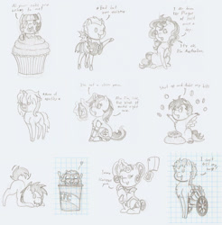 Size: 1524x1550 | Tagged: safe, artist:ravenpuff, imported from derpibooru, oc, oc only, oc:ace pony, oc:adamant, oc:alta, oc:blackjack, oc:buranku, oc:dazed timid, oc:knight smile, oc:sweet cream, oc:wheeler, oc:white light, bat pony, bird, chicken, earth pony, pony, unicorn, fallout equestria, fallout equestria: project horizons, :d, alcohol, amputee, armor, bat bucket, bat pony oc, bat wings, bedroom eyes, beer, beer bottle, behaving like a dog, chest fluff, chibi, cleaver, coin, collar, cupcake, dialogue, earth pony oc, eyelashes, eyes closed, face down ass up, female, food, glasses, glowing horn, graph paper, horn, horseshoes, kfc, lineart, magic, male, mare, meat, micro, money, night guard, open mouth, ponies eating meat, prosthetic limb, prosthetics, raised hoof, sack, shut up and take my money, sitting, smiling, stallion, telekinesis, traditional art, unicorn oc, unshorn fetlocks, wheelchair, wings