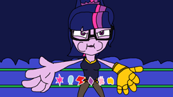 Size: 1254x708 | Tagged: safe, artist:logan jones, imported from derpibooru, sci-twi, twilight sparkle, equestria girls, beatboxing, boxing ring, cartoon beatbox battles, clothes, cosplay, costume, element of generosity, element of honesty, element of kindness, element of laughter, element of loyalty, element of magic, elements of harmony, female, glasses, infinity gauntlet, meme, puffy cheeks, scratch it, thanos, thanos beatboxing meme, verbalase