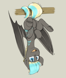 Size: 800x950 | Tagged: safe, artist:sinrar, imported from derpibooru, oc, oc only, oc:myri, bat pony, pony, folded wings, hanging, hanging upside down, looking at you, simple background, smiling, solo, tan background, upside down, wings