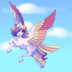 Size: 2200x2200 | Tagged: safe, artist:uunicornicc, imported from derpibooru, oc, oc only, oc:fruit loop, pegasus, pony, colored wings, female, flying, mare, multicolored wings, solo, tail feathers, wings