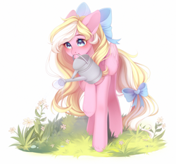 Size: 1823x1700 | Tagged: safe, artist:purrshen, artist:purshen, imported from derpibooru, oc, oc only, oc:bay breeze, pegasus, pony, blushing, bow, cottagecore, cute, female, flower, hair bow, mare, mouth hold, raised hoof, simple background, solo, tail, tail bow, watering, watering can, white background