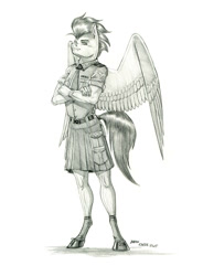 Size: 1000x1362 | Tagged: safe, artist:baron engel, imported from derpibooru, soarin', anthro, pegasus, unguligrade anthro, clothes, grayscale, kilt, male, monochrome, pencil drawing, simple background, solo, story included, traditional art, uniform, white background