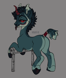 Size: 942x1101 | Tagged: safe, artist:kasreit-ne, imported from derpibooru, oc, oc only, oc:kasreit ne, pony, unicorn, coat markings, colored hooves, curved horn, ear fluff, frog (hoof), horn, lidded eyes, long tongue, male, pale belly, red eyes, red sclera, stallion, tail, tail wrap, tongue out, underhoof, unshorn fetlocks