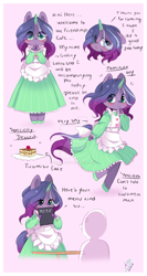 Size: 900x1697 | Tagged: safe, artist:ipun, imported from derpibooru, oc, oc only, oc:galaxy lotus, anthro, unguligrade anthro, unicorn, anthro oc, arm hooves, blushing, cake, chibi, clothes, crossdressing, deviantart watermark, dress, femboy, food, friendship cafe, maid, male, obtrusive watermark, shy, solo, stallion, watermark