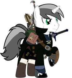 Size: 1280x1380 | Tagged: safe, artist:antone-t62newo, artist:tales-fables, imported from derpibooru, oc, oc:duststrife, pony, unicorn, arrow, bag, male, quiver, saddle bag, scar, simple background, stallion, sword, transparent background, weapon