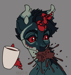 Size: 742x784 | Tagged: safe, artist:kasreit-ne, imported from derpibooru, oc, oc only, oc:kasreit ne, pony, unicorn, coat markings, coffee, coffee mug, ear fluff, eyebrows, glowing, glowing horn, horn, magic, male, mug, red eyes, red sclera, spit take, stallion, surprised face, telekinesis